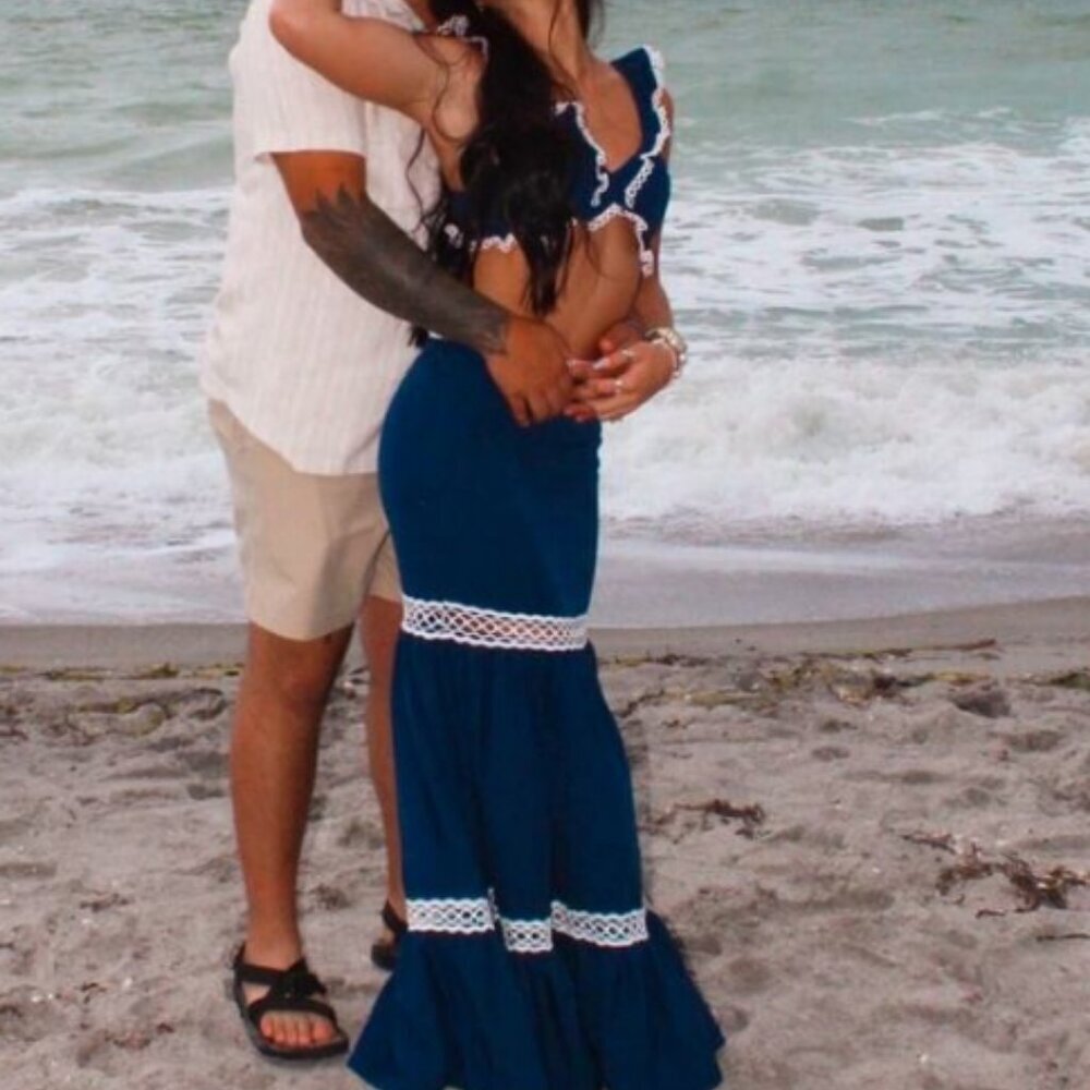 Navy Blue Casual Two Pieces Women's Vacation Ruffled Hem cropped Top & Skirt Set - Picture 7 of 7